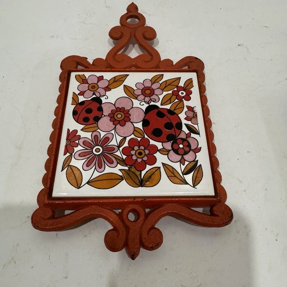 Pair Vtg 70s Ceramic Tile Cast Iron Trivet Green Orange Ladybugs Flowers Japan